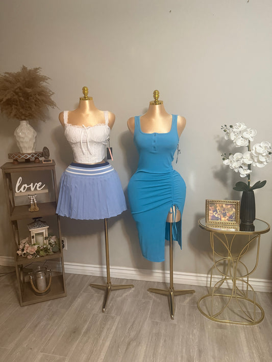 Blue Ruched Slit Bodycon Midi Dress