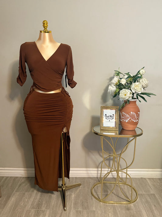 Dark Brown Drawstring Top & Long Skirt