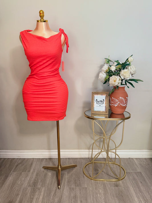 Coral Front-Knot Shoulder Ruched Dress