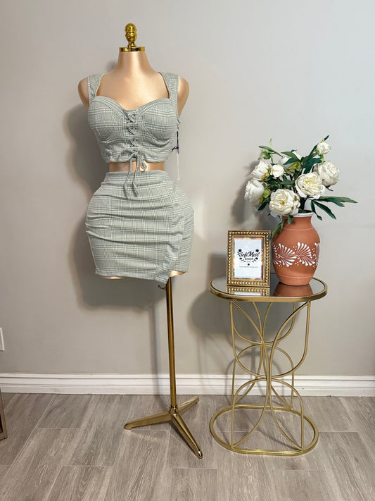 Sage and white Lace-up Top & Skirt