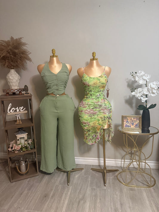 Floral Ruched Ruffled Slit Dress