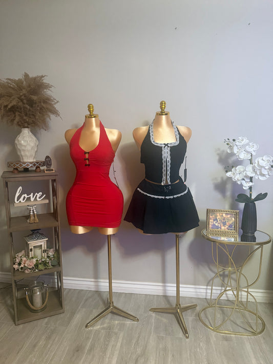Black Lace up Skirt and Top
