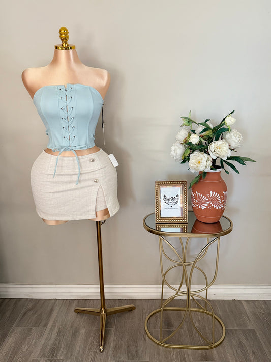 Blue Lace-up Corset Strapless Top