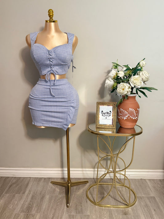 Blue and white Lace-up Top & skirt